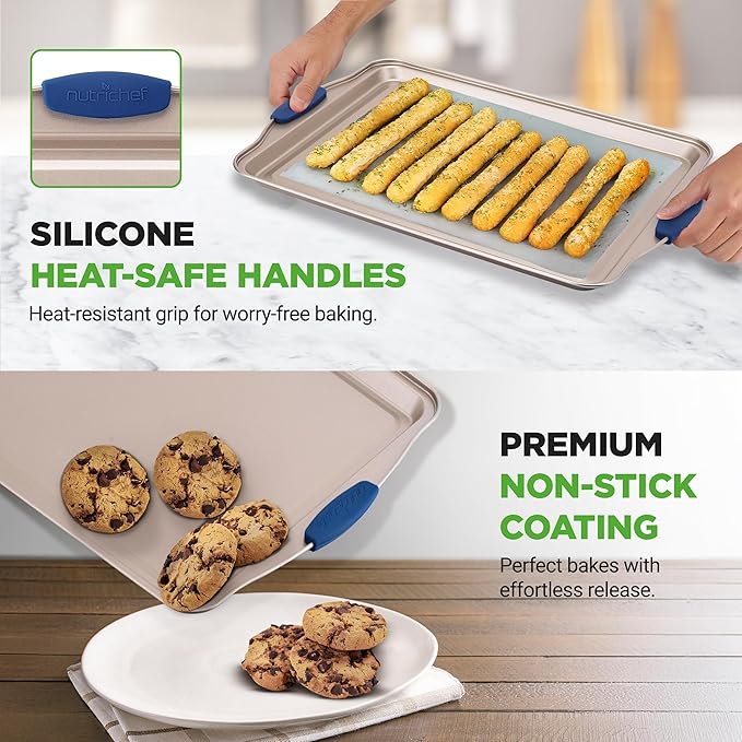 NutriChef 10-Piece Nonstick Bakeware Set - Premium Carbon Steel Baking Pan Set w/Heatsafe Silicone Handles, Includes Pizza Crisper, Loaf Pan, 12 & 24 Cup Muffin Pans, Cake Pans, Cookie Sheets