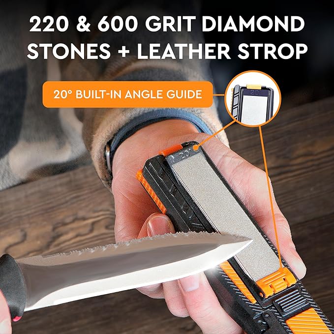 8-in-1 Pocket Knife Sharpener – Guided Diamond Whetstones, Diamond Rod, Leather Strop, 2 Sharpening Slots, Fire-Starter Ferro Rod & Whistle – Outdoor, Yard, Camping by Orange Ninja