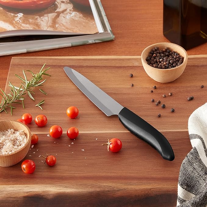 Kyocera Advanced Ceramic Revolution Series 5-inch Micro Serrated Tomato, Utility Knife, Black Blade