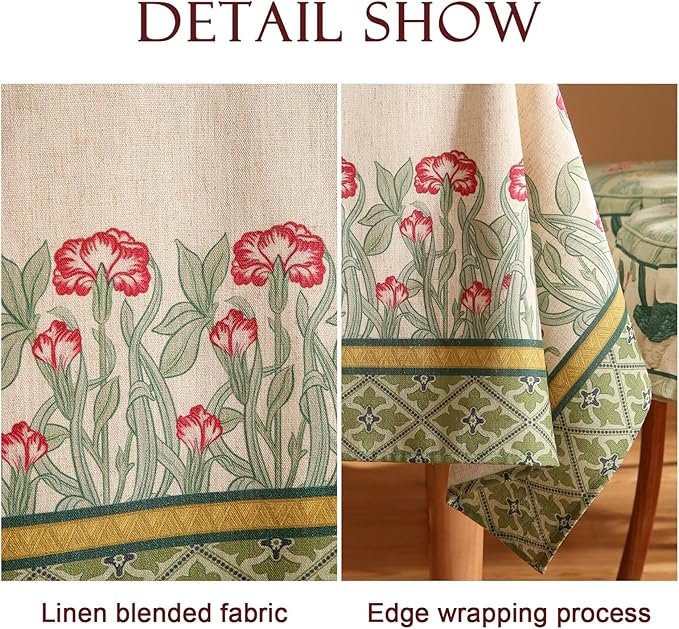 patdrea Designer Linen Green Tablecloth for Rectangle Table,Vintage Leaves Pattern Durable Table Cloth,Floral Decor Cover for Kitchen Dining,Christmas,Thanksgiving,Party,55"x87"-Cecilia D