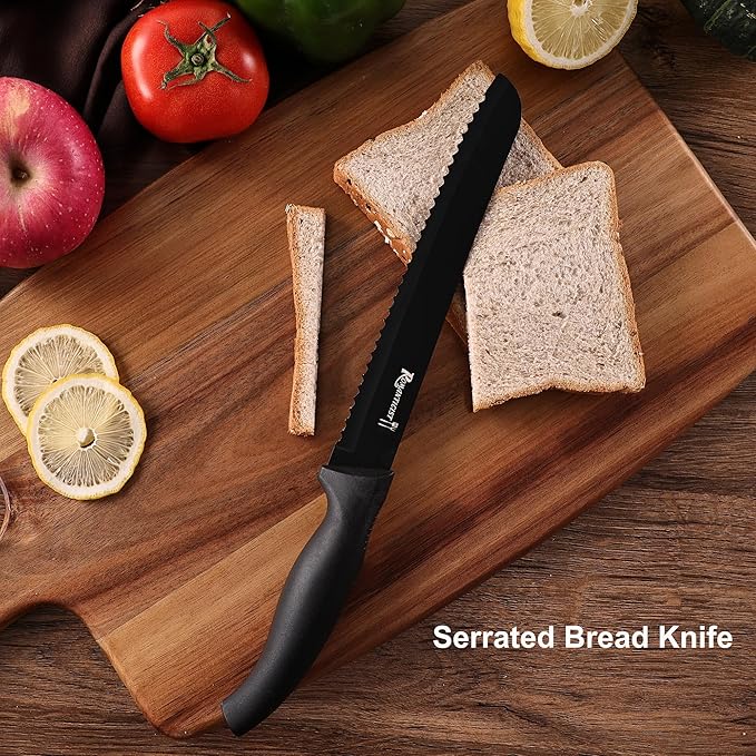 ROMANTICIST Knife Set, 10 Pieces Knife Block Set - Stainless Steel Kitchen Knives with Sharpener and Cheese Knife, Non-Slip Ergonomic Handles, Exquisite Knives Set - Stylish Black