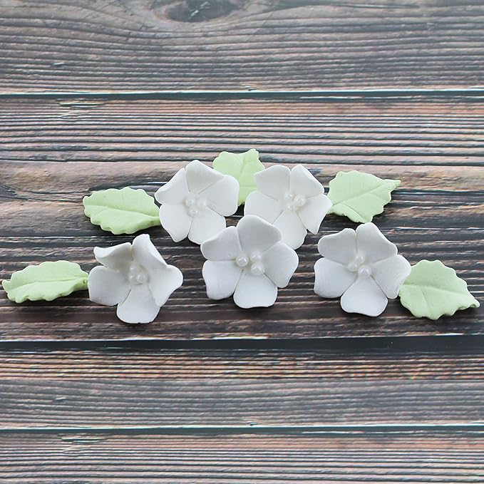 Global Sugar Art Blossoms and Leaves Edible Sugar Cake & Cupcake Flowers, White, Small Unwired, 24 Count with Leaves by Chef Alan Tetreault