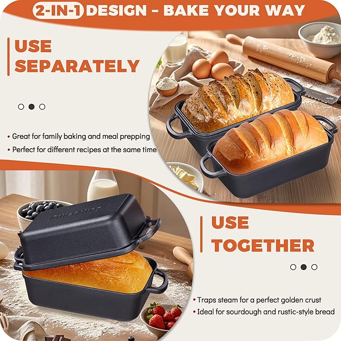 Cast Iron Bread Loaf Pan with Lid to Piece Set, Even Heat Distribution for Sourdough and Homemade Bread, Pre-Seasoned Heavy Duty Dutch Oven Bread Pan For a Crispy Crust (9x5 Inch)