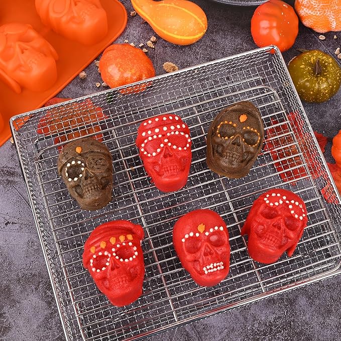 HUAKENER 2 Pack Skull Cake Pan, 6 Cavity Skull Cake Molds, Silicone Skull Baking Pan for Mini Cakes, Chocolate Bomb, Pudding, Halloween Baking