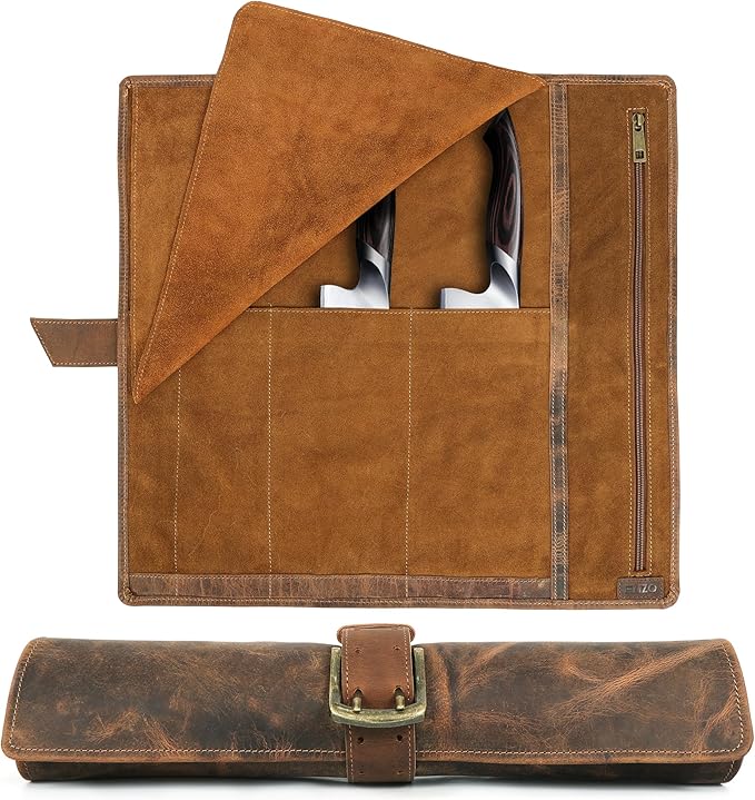 ELIZO Leather Knife Roll Bag Professional Chef Knife Case, Durable Knife Sheath Holder, Cooks & Culinary Tools Carrying Storage, Portable Knife Wrap - 4 Slots (Saddle)