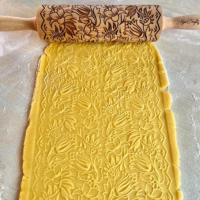 Embossing Rolling Pin GOLDEN DAISIES with Ornamental Bloom Pattern – Dough and Clay Roller for Embossed Cookies and Pottery - Cookie and Ceramic Stamp - Baking Gifts for Women by Algis Crafts
