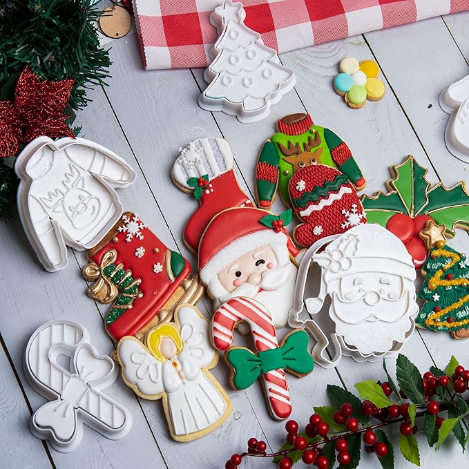 Flycalf Christmas Cookie Cutters for Kids Baking, with Stamper Stencil 3D Cake Decorating Pastry Kitchen Mold Supplies, Christmas Shapes Holiday Birthday Party Biscuit Fondant Tools