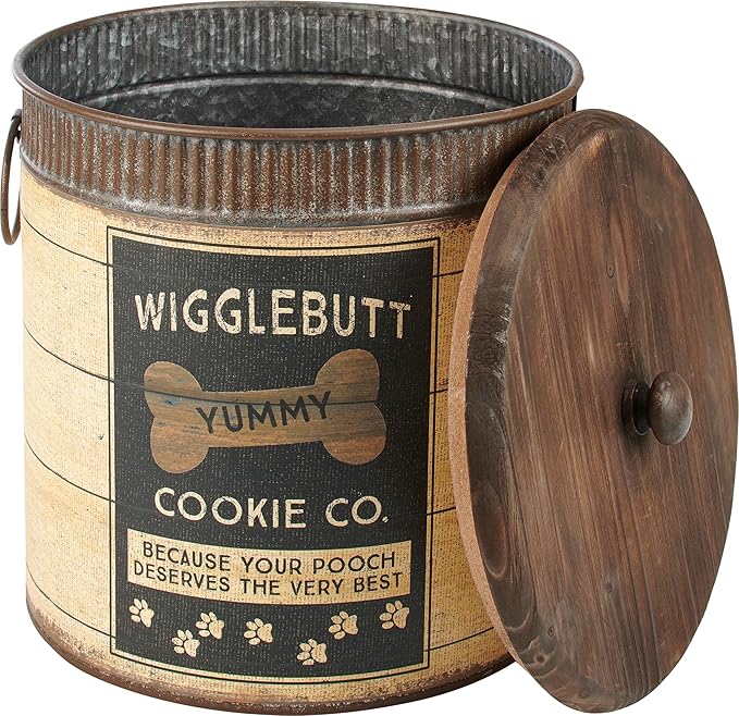 Primitives by Kathy Rustic Pet Tin Bins - Dog Food & Toy Storage Set, 'Toys & Beware of Wigglebutts' Themed Containers