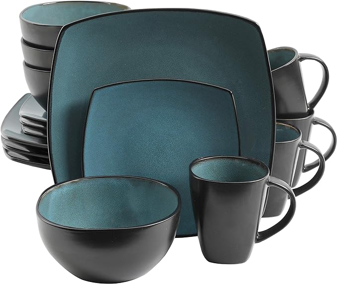 Gibson Elite Soho Lounge 16-Piece Reactive Glaze Dinnerware Set, Teal/Black Two-Tone