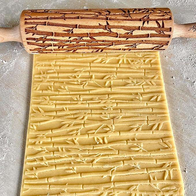 BAMBOO Embossed Rolling Pin for Ceramic. Clay Roller and Ceramic Stamp for Embossing Pottery. Baking Gifts for Women by Algis Crafts for Embossed Cookies