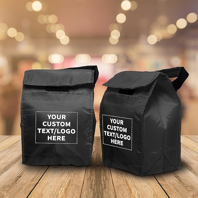 DISCOUNT PROMOS 50 Hook and Loop Insulated Lunch Bags Set - Customizable Text, Logo - Polyester, Durable, Vibrant, Reusable - Black