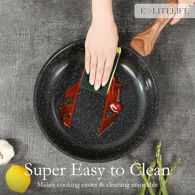 ESLITE LIFE Nonstick Ceramic Frying Pan Skillet with Lid, Non-Toxic Egg Omelette Kitchen Cooking Pans Compatible with All Stovetops (Gas, Electric & Induction), PTFE & PFOA Free (Black, 8" w/Lid)
