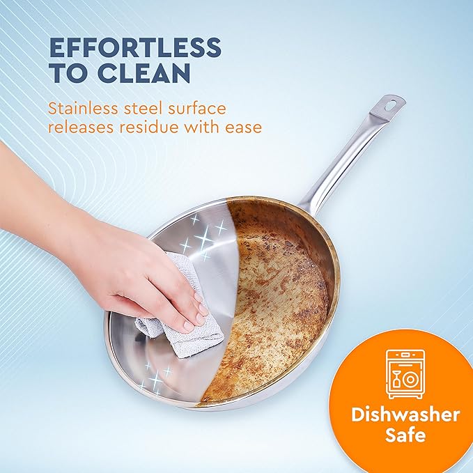 UNOX Stainless Steel Frying Pan 12 inches 3-ply Dishwasher Oven Safe up to 800°F -Crafted in Turkey
