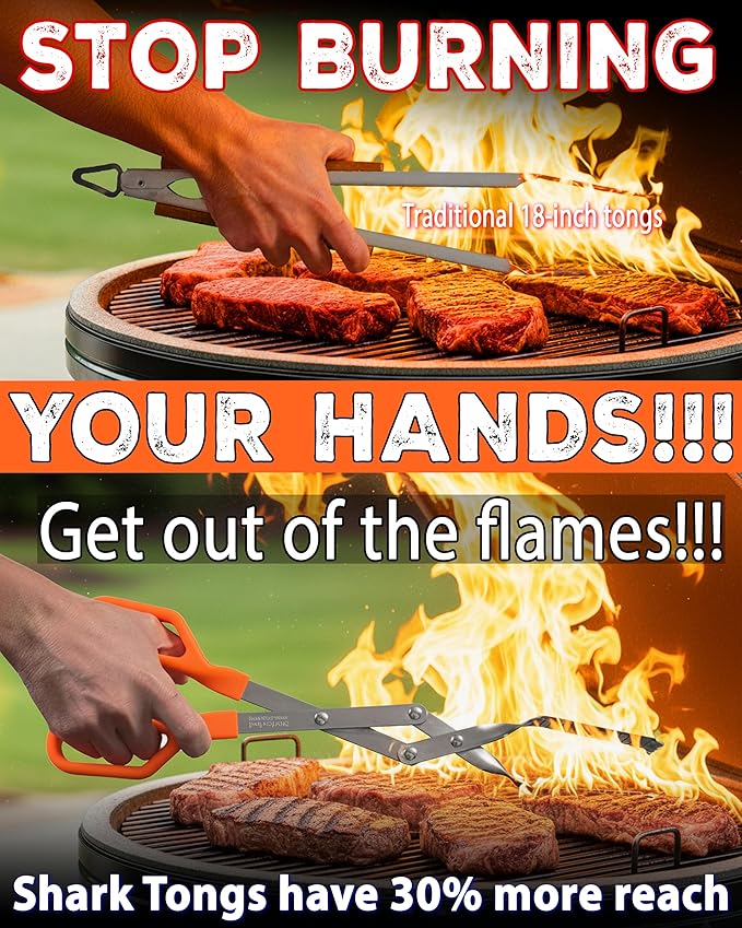 Shark BBQ Pitmaster Tongs, 17 Inch Professional Grade Barbecue Grilling Tongs, Premium Stainless Steel Heavy Duty Tong for Big Hands, Heat Resistant Non-Slip Grip, Dishwasher Safe (Hunter Orange)