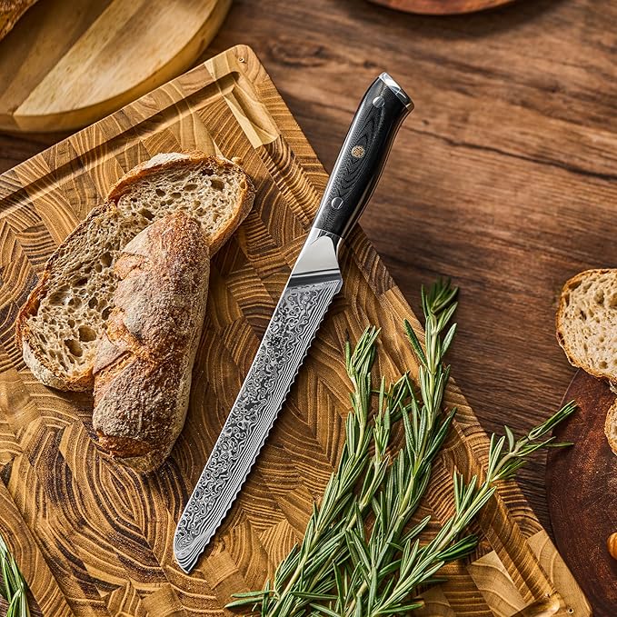 KYOKU Serrated Bread Knife - 8" - Shogun Series - Japanese VG10 Steel Core Damascus Blade - with Sheath & Case
