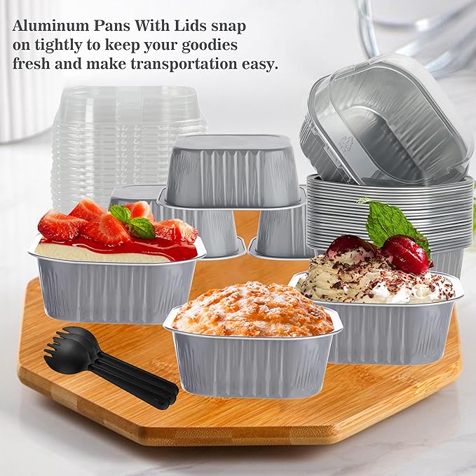 Mini Cake Tins with Lids, BAKINGPAK 30PCS 10OZ Mini Cake Pans with Lids Mini Aluminum Pans with Lids Mini Disposable Cake Pans with Lids Mini Square Cake Pans with Lids for Holiday Party, Ash
