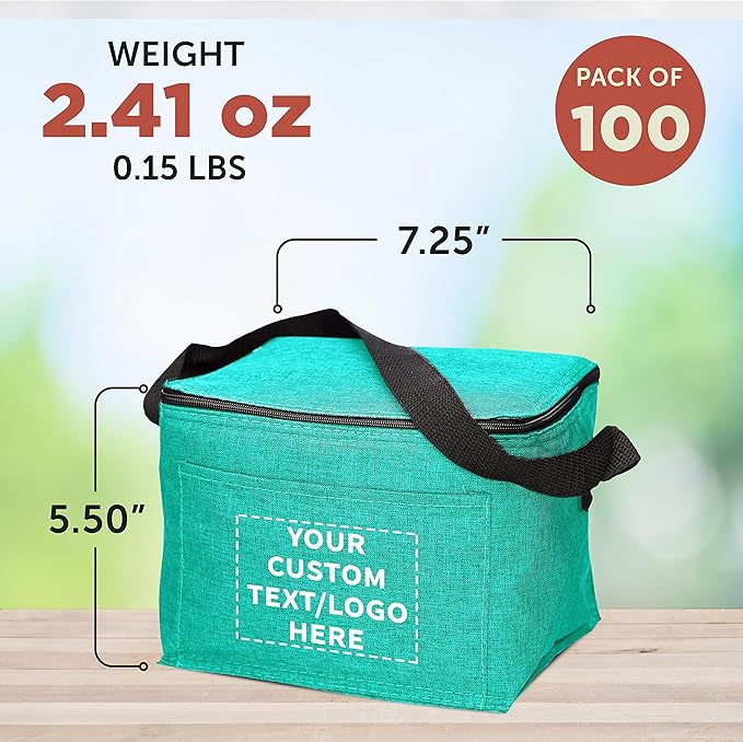 DISCOUNT PROMOS Custom Insulated Cooler Lunch Bag Set of 100, Personalized Bulk Pack - Perfect for Work, Travel, Outdoor Events - Mint