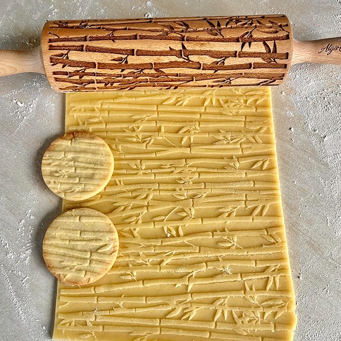 BAMBOO Embossed Rolling Pin for Ceramic. Clay Roller and Ceramic Stamp for Embossing Pottery. Baking Gifts for Women by Algis Crafts for Embossed Cookies
