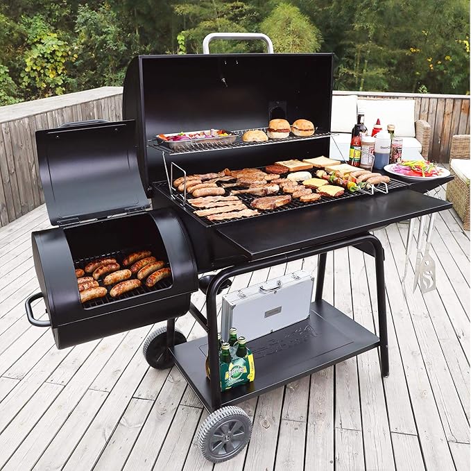 Royal Gourmet CC2036F Barrel Charcoal Grill with Offset Smoker, Outdoor BBQ Grill with 1200 Sq. In. Grilling Area for Large Event Gathering, Black