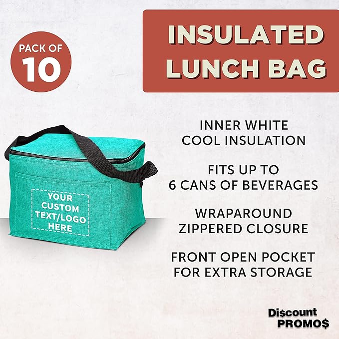 Custom Insulated Cooler Lunch Bag Set of 10, Personalized Bulk Pack - Perfect for Work, Travel, Outdoor Events - Mint