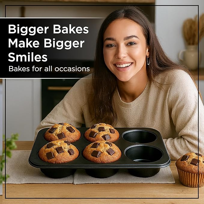 Wrenbury Jumbo Muffin Pan 6 Cup Set of 2 - Nonstick XL Deep Muffin Pan for Baking 3.75" Cup - Big Cup Tin - Oversized Extra Large Cupcake Mold - PTFE Free