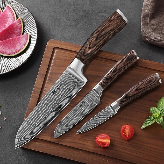 Wakoli EDIB 3-Piece Damascus Kitchen Knife Set in Wooden Gift Box – Sharp Knives Set made of Genuine Damascus Steel (VG10 Core) – Santoku, Small Santoku, & Pairing Knife – Ergonomic Pakkawood Handles