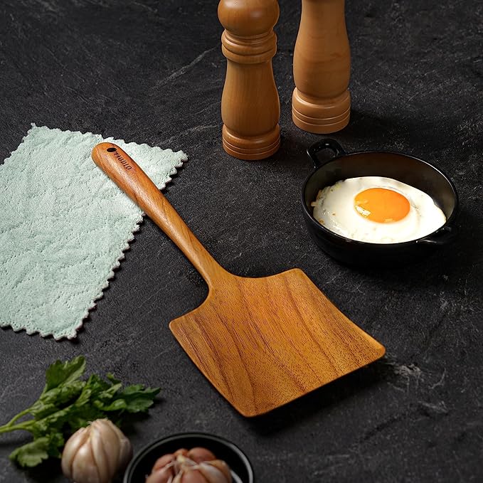 Teak Wide Wooden Spatula with Microfiber Cloth - Natural Non-Stick Healthy Kitchen Utensils - Handcrafted with Comfort Grip