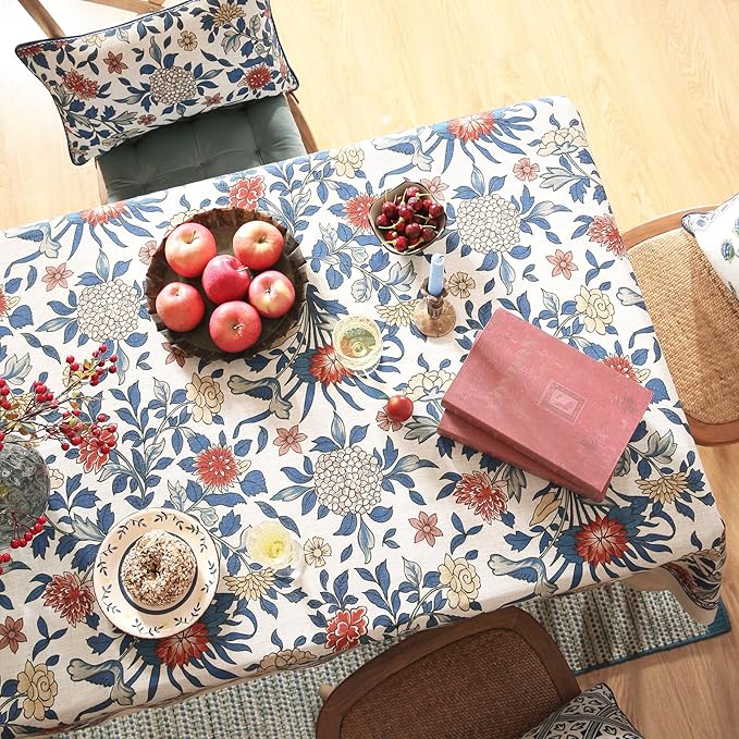patdrea Designer Blue Tablecloth for Rectangle Table,Vintage Linen with Leaves and Floral Pattern Long Tablecloths,Farmhouse Decor Cover for Kitchen Dining Christmas,Thanksgiving,63"x102"-Ivar a
