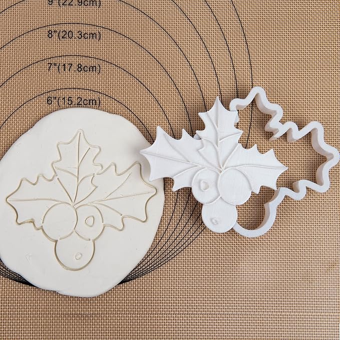 Flycalf Christmas Cookie Cutters Holly Berries Shapes with Plunger Stamps Holiday PLA Baking Accessories Cutter Molds Gifts Decorative Party 3.5" Kitchen Cake Supplies