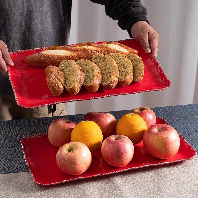 Melamine Serving Platters, set of 2, 17" x 10" Large Reusable BPA Free Rectangular Party Tray/Platters for Serving Appetizers, Fruits On Christmas and all Occasions,Red