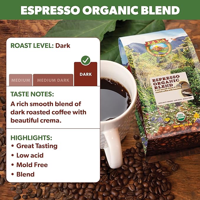 Low Acid Organic Coffee – Whole Bean, Mold-Free & Stomach Friendly by Java Planet, Espresso Blend Coffee, Dark Roast, Smooth Full Flavored, 2x1LB Bag