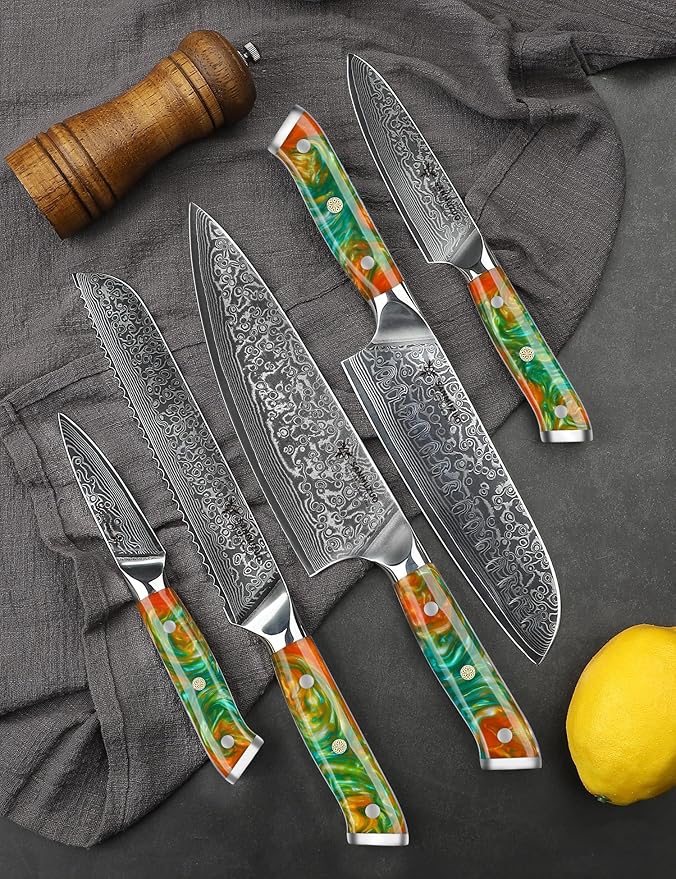 Chef Cooking Knives Set- Kitchen Knife Set of 5 Piece - Ultra-Sharp VG10 Damascus Steel & Resin Handle - Xuan Series (Fantasy Orange)