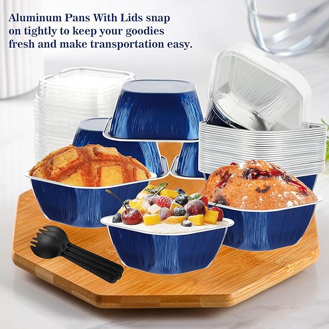 30PCS 7.8OZ Mini Cake Pans with Lids - Individual Cupcake Containers for Birthday Party, Navy Blue