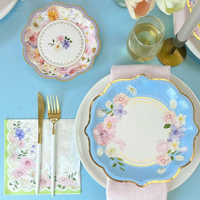 Kate Aspen Tea Party Decorations, Colorful Pastel Plates And Napkins Garden Party Supplies for Adults Bridal Showers, Baby Shower Decorations, Birthdays, 62 Pc, 16 Guests