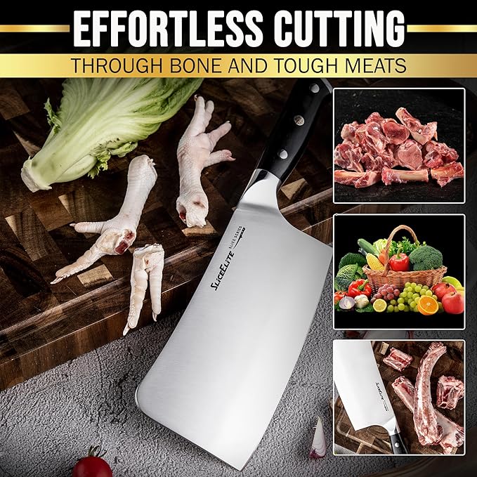 SliceElite Slice Series 7 Inch Bone Cutting Kitchen Knife High Carbon German Steel Blade Pakkawood Handle Butcher Chopper Cleaver Vegetable Fruit Tool Heavy Duty Kitchen BBQ Gift Sharpest Chef
