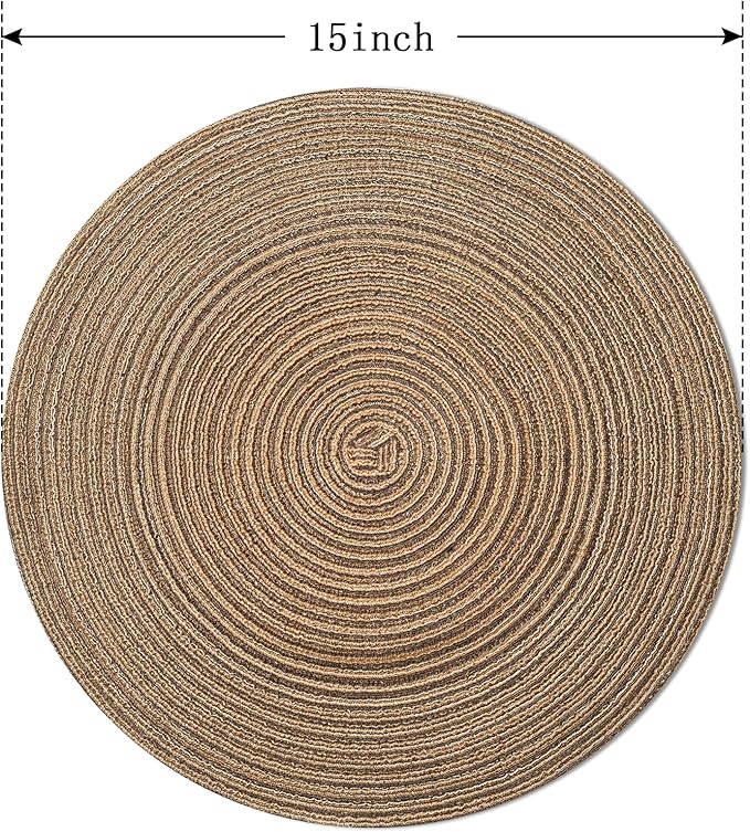 FunWheat Round Braided Placemats Set of 6 Place mats for Dining Tables Woven Heat Resistant Table Mats 15 inch for Fall(Brown)