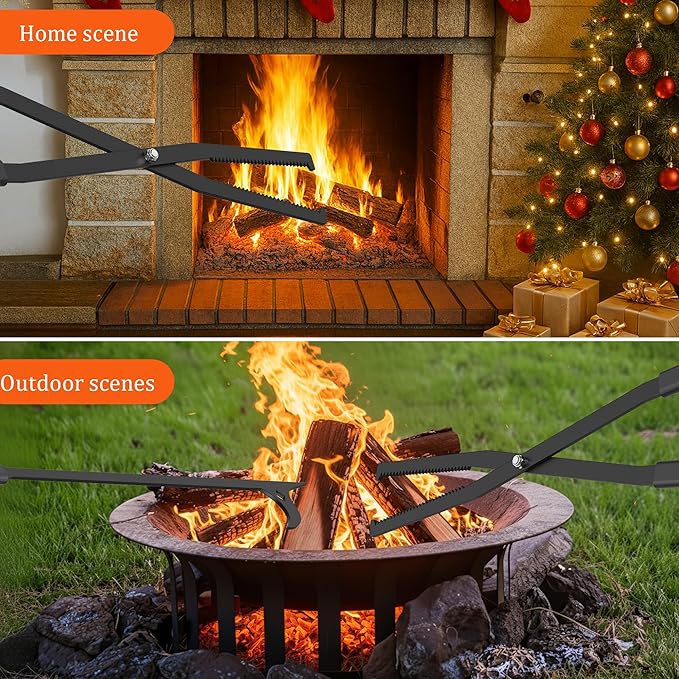 GARVIN Heavy Duty Fire Tongs & Poker Set, 27.7" Long-Handle Carbon Steel Log Grabber with Serrated Grip, Fire Tools Sets For Fire Pit & Fireplace, Wood Stoves, Campfires, Bonfires & BBQ Grills