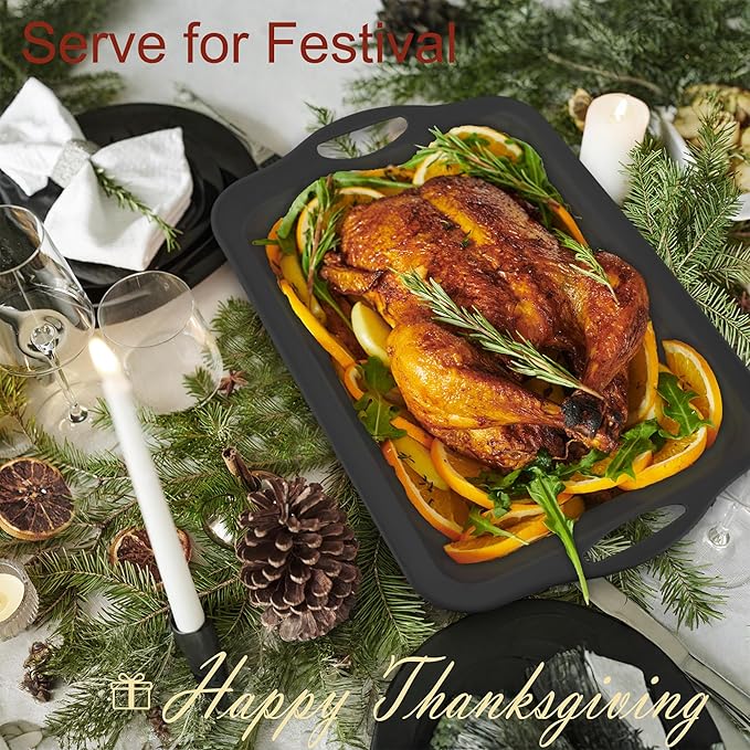 20" x 13" Large Serving Platters for Turkey, Cookie, Cupcakes, Gift Ready Melamine Serving Tray with Handles for Party Entertaining, Raised Dots & Matt Finish, Set of 2, Black