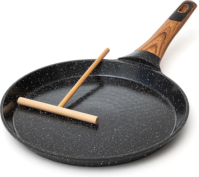 Moss & Stone 9.5-Inch Nonstick Crepe Pan with Spreader – Ceramic Dosa Tawa, Flat Skillet for Roti, Pancakes, Tortillas – Induction Compatible, Nonstick Pancake Pan for Stovetop Use, Balck