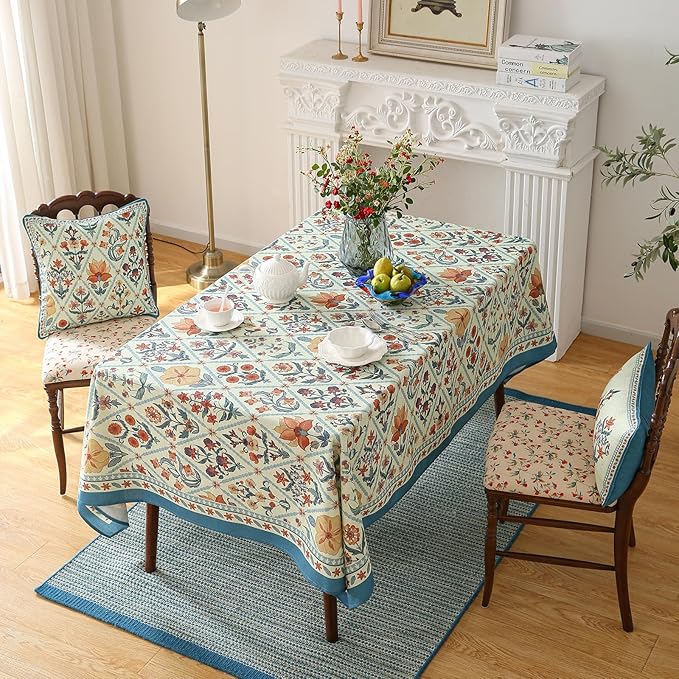 ISAENNE Designer Linen Elegant Table Cloth for Rectangle Table,Colorful Floral Bohemian Tablecloth,Wrinkle Resistant Decor Tablecloths for Dining Thanksgiving Kitchen,55"*79"-Floralsea A