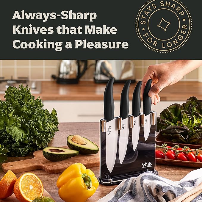 Vos Ceramic Knife Set with Block, Ceramic Knives Set For Kitchen, Ultra Sharp Kitchen Knife Set with Covers, 3" 4" 5" 6" Chef Knife, Utility, Paring & Versatile, Lightweight, Dishwasher safe (Black)