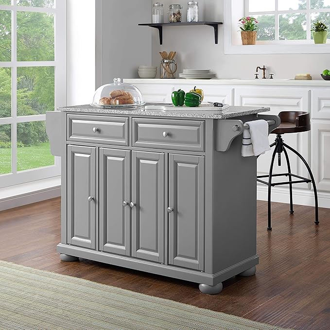 Crosley Furniture Alexandria Granite Top Rolling Kitchen Island Storage Cart, Microwave Stand, Spice Rack, Gray