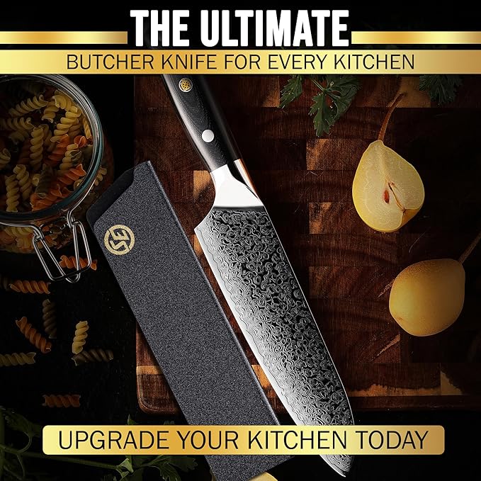 SliceElite Elite Series 7 Inch Santoku Knife VG10 Damascus Steel G10 Handle Dual Protection Cutting Kitchen Tool Sharp Vegetable Meat Chopping BBQ Chef Slicing Cleaver Cooking Camping Butcher Gift