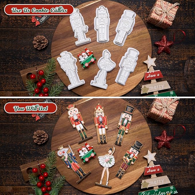 Flycalf Christmas Cookie Cutters Nutcracker Set of 3 with 3D Stamper Holiday Baking Accessories Cutter Molds Gifts for Kids Decorative Party 3.5" Kitchen Cake Supplies