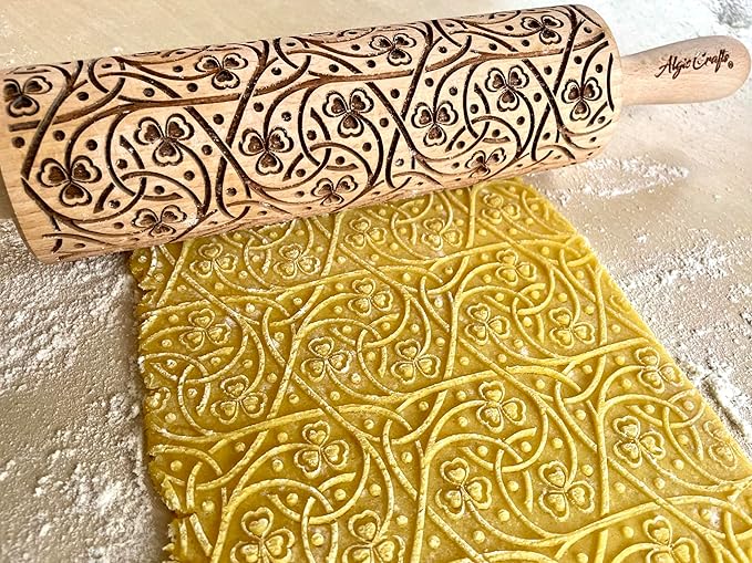 CLOVER TALE EMBOSSING ROLLING PIN WOODEN LASER ENGRAVED DOUGH ROLLER with IRISH PATTERN for EMBOSSED COOKIES SAINT PATRIC'S DAY GIFT