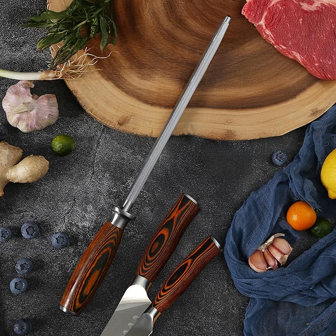 TUO Honing Steel, 10 Inch Knife Sharpener Rod with Pakkawood Handle for Kitchen Knives Daily Sharpening Maintenance - Fiery Phoenix Series