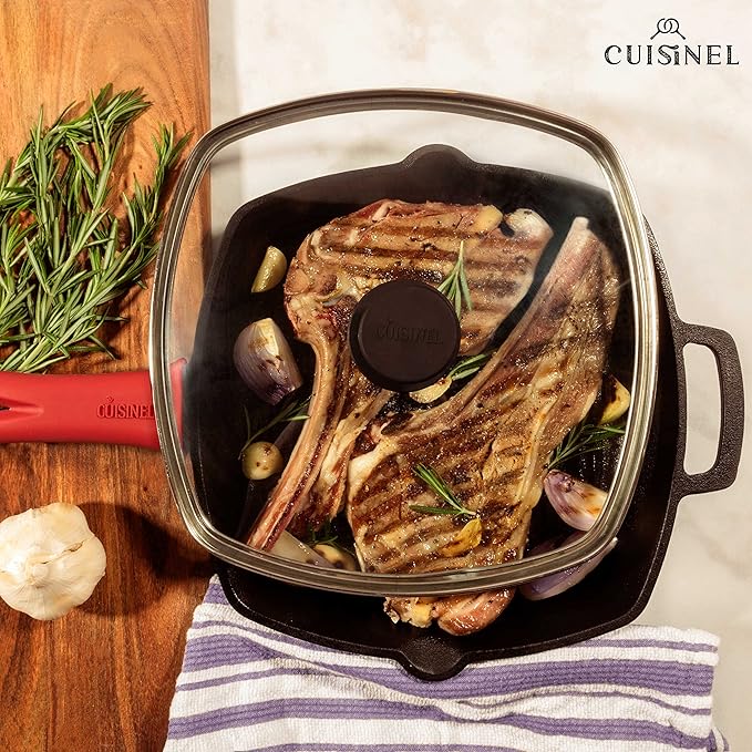 Cuisinel Cast Iron Grill Pan + Rectangular Cast Iron Grill Press + Tempered Glass Lid + Pan Scraper – Pre-Seasoned Ribbed Skillet – 10.5"-Inch Square Grilling Indoor/Outdoor Camping Fire BBQ Cookware