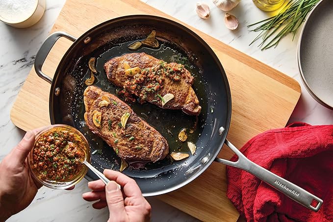 KitchenAid NITRO Carbon Steel Frying Pan/Skillet, Stainless Steel Handle, Compatible with All Cooktops, 12 Inch Fry Pan with Side Handle - Black