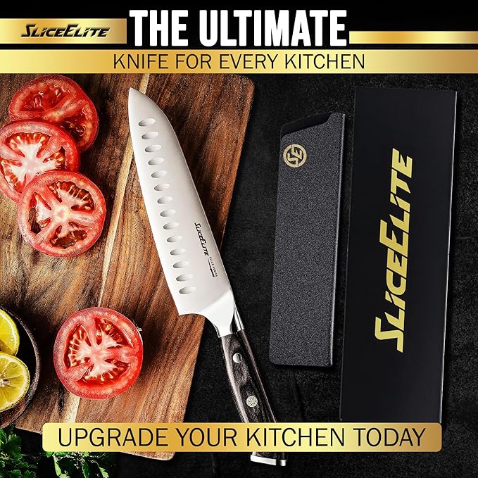 SliceElite Slice Series 7 Inch Santoku Knife High Carbon German Steel Blade Full Tang Pakkawood Handle Polymer Blade Guard Sharp Kitchen Knife for Meat Cutting Chopping BBQ Cooking Chef Vegetable
