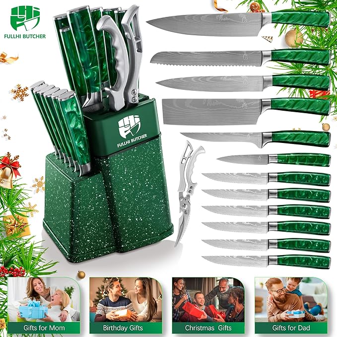 FULLHI 14pcs Block Knife Set, Chef's Knife Steak Knives Set with Block and Sharpener, Kitchen Knife Set, Multi-colour Handle, Gifts for Men Women